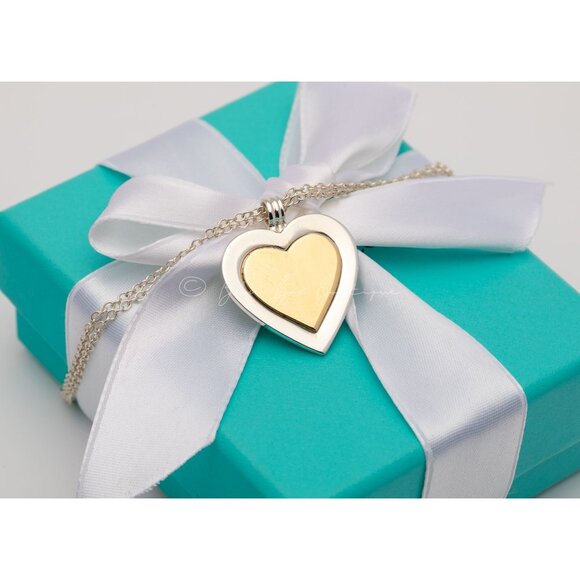 Tiffany & Co. Vintage Necklace Double Gold Silver Heart Pendant 32mm 16" Chain - Picture 2 of 8